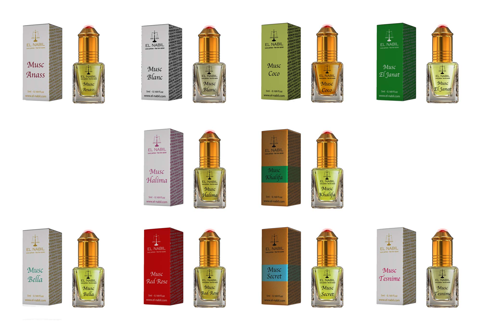 Zestaw zapachowy dla kobiet – 10 x 5 ml perfum (TOP 10 MIX) – El-Nabil Misk Musk piżmo – olejek perfumowany dla kobiet – wysokiej jakości i najlepsze zapachy damskie