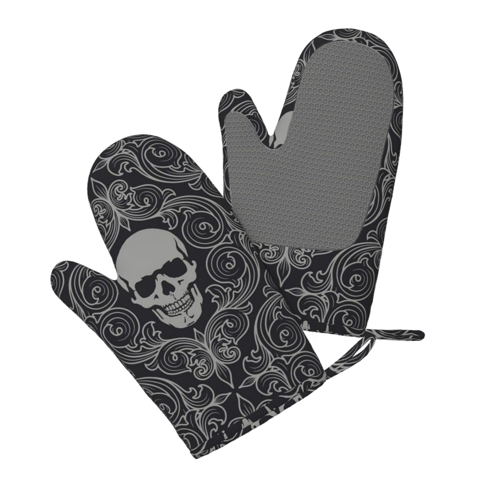 Silicone Oven Mitts Set 2PCS, Skull Printed Heat Resistant Non-Slip Silicone Oven Gloves for Kitchen Cooking Baking Microwave