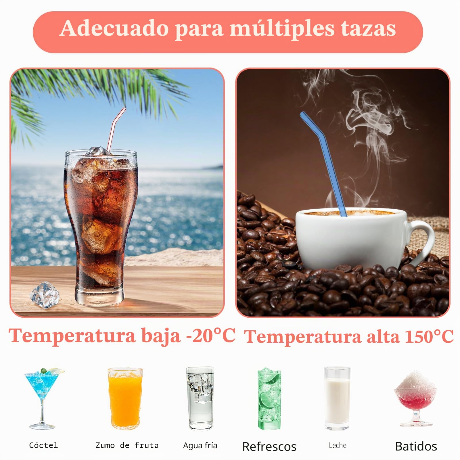 10 Piezas 200 mm Pajitas Reutilizables Vidrio, LFGB Certificación Pajitas de Vidrio Multicolor con 2 Cepillos de Limpieza, Sin BPA, Pajitas de Cristal para Cócteles, Batidos y Jugos
