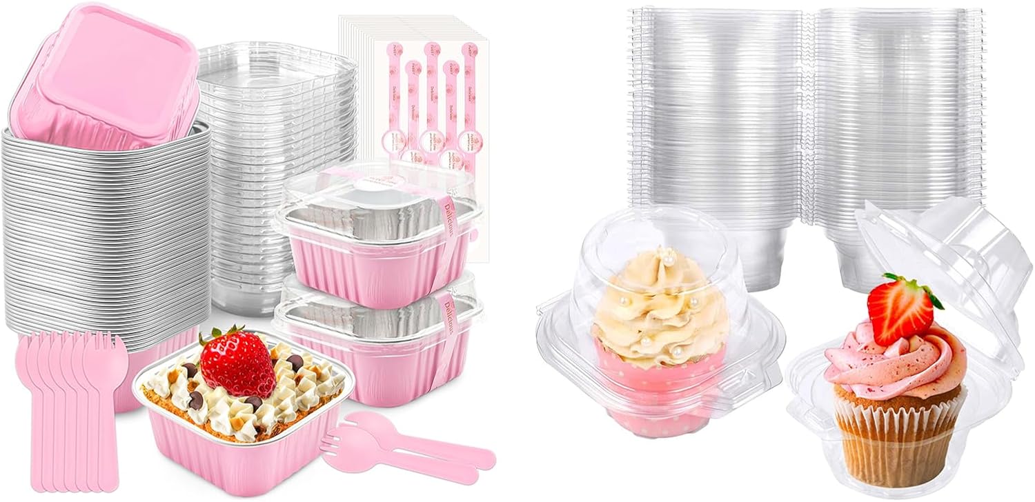 Bundle of 50 Pcs Mini Cake Pans with Lids and 200 Pack Individual Cupcake Containers for Wedding Birthday Party