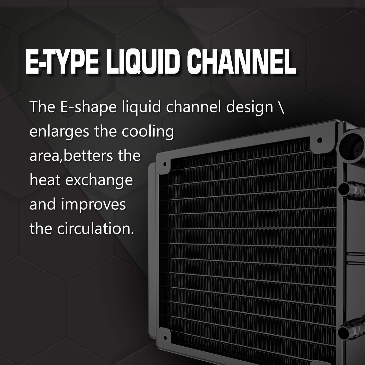 Diagram illustrating the E-Type liquid channel design within the radiator.