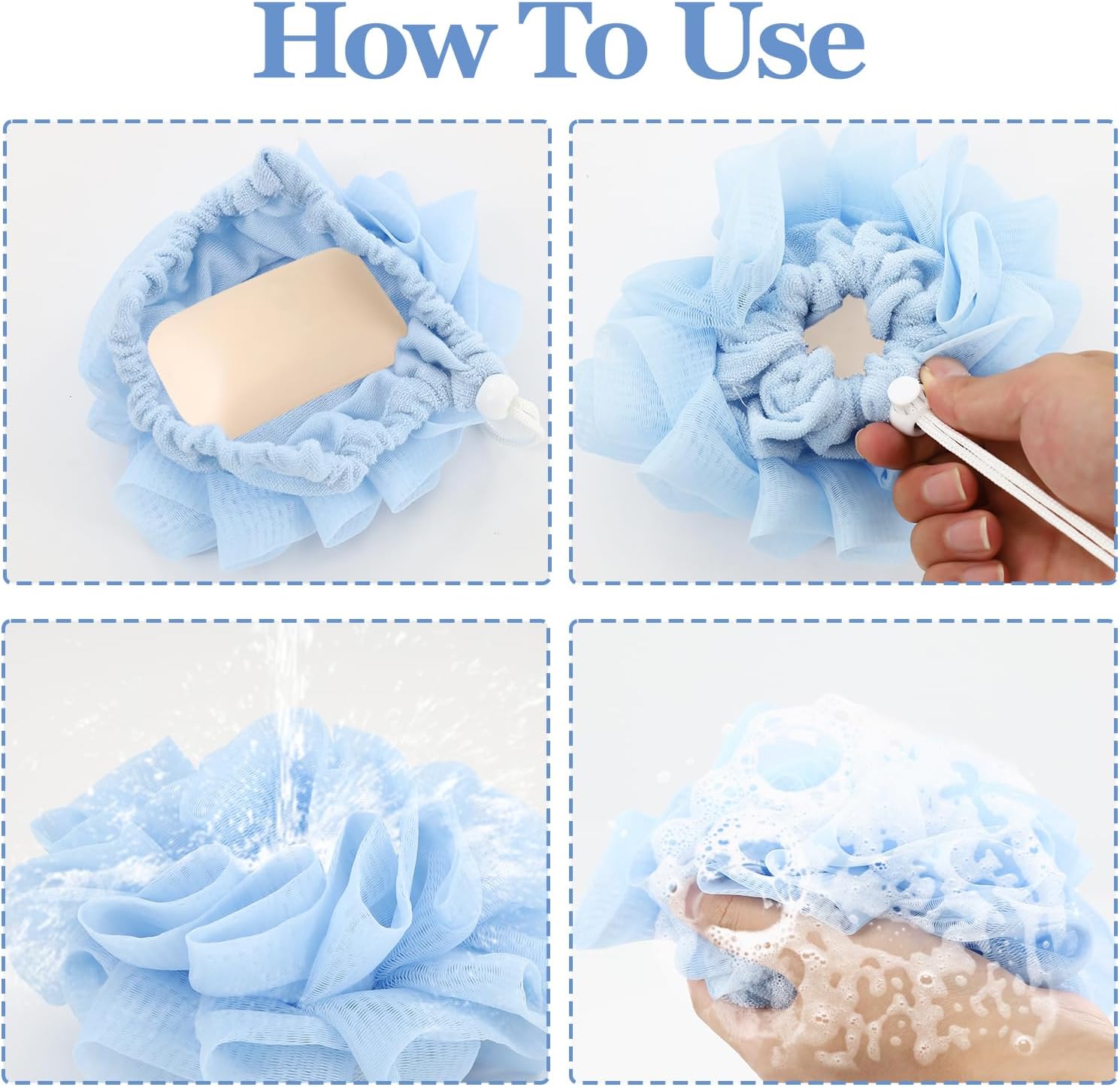 2 Pcs Bath Sponge with Drawstring,That Holds Bar Soap,for Cleansing and Smooth Skin,2 in 1 Loofah Washcloth Combo Soap Bar Loofah(White, Blue) - Image 5
