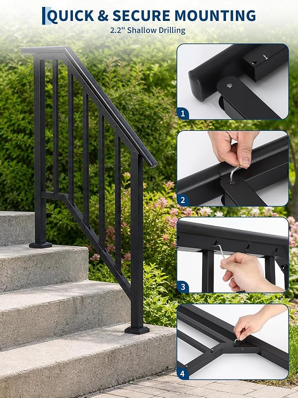 Handrails for Outdoor Steps, Adjustable Stair Handrail Kit Fit 1 to 2 Steps Outdoor Stair Railing, Transitional Wrought Iron Handrails with Balusters for Concrete/Porch/Deck/Wooden Steps,Black by Garvee - Used condition - Image 2
