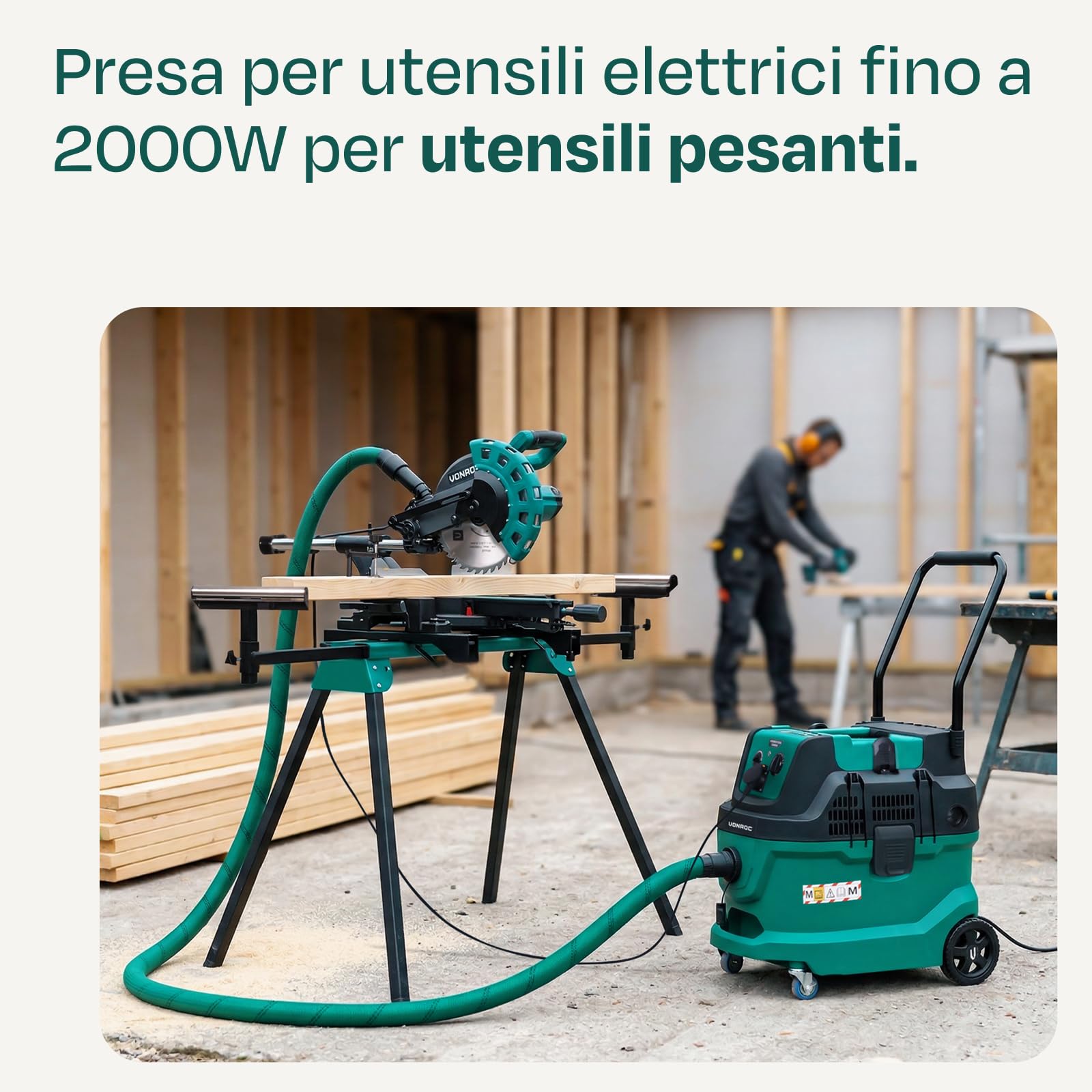 VONROC Aspiratore Industriale Classe M 1600W con Filtro HEPA H14, Pulizia Automatica a Impulsi, Aspirapolvere Wet & Dry per Cantieri, Tubo Antistatico Ø35 mm, Presa 2000W per Elettroutensili