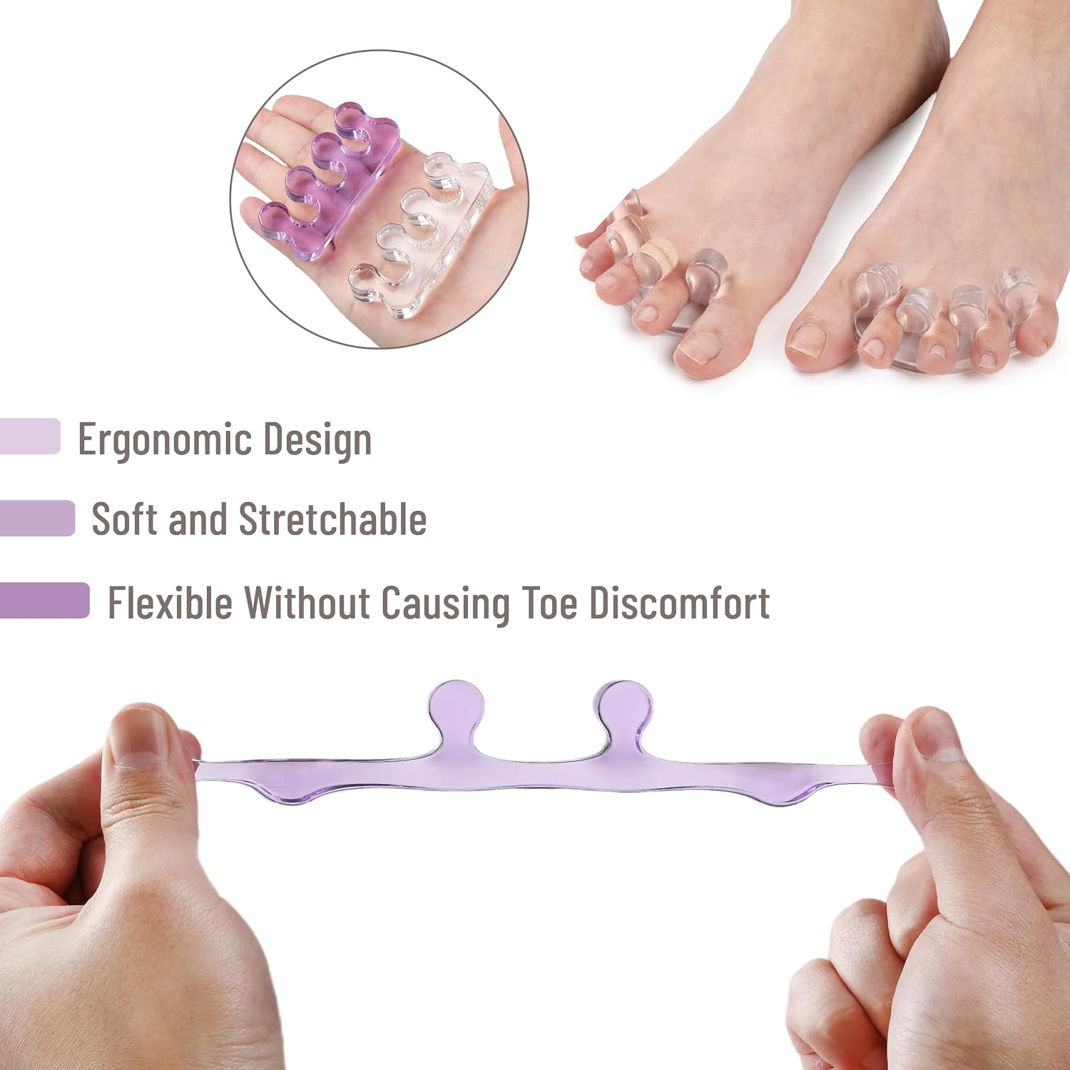 Dr. JK- Toe Separators for Pedicure, 2 Pairs, Purple & Clear, Toe Separators for Women Pedicure
