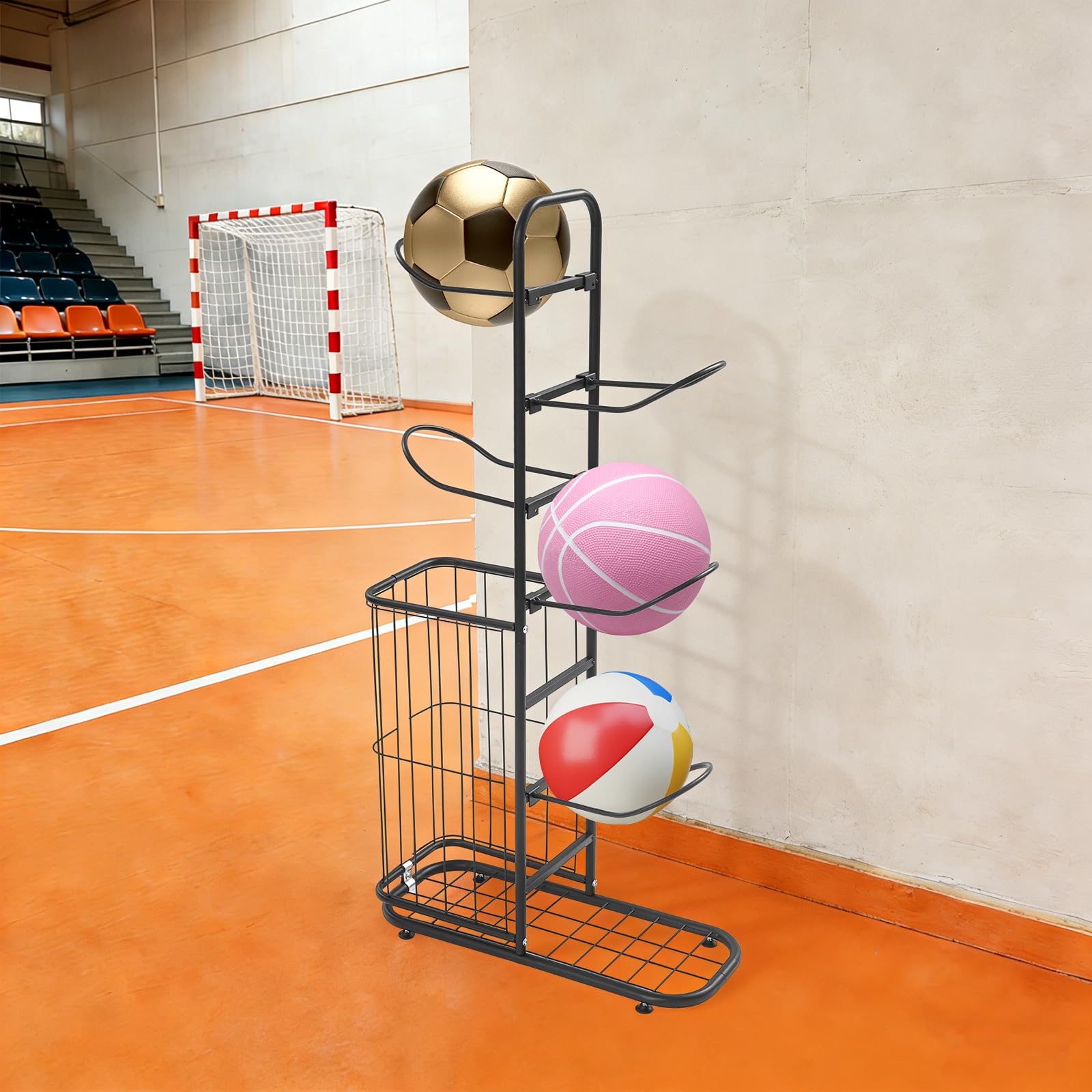 Soporte de globo de 5 niveles, soporte de almacenamiento para globos, armario de almacenamiento de metal para baloncesto, voleibol, estante deportivo independiente, blanco negro, sala de casa, garaje