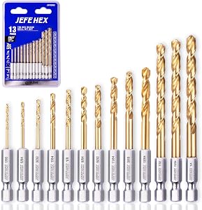 JEFE HEX 13-Piece Drill Bits Set-1/16" 5/64" 3/32" 7/64" 1/8" 9/64" 5/32" 11/64" 3/16" 13/64" 7/32" 15/64" 1/4", Hex Shank Drill Bit Set for Quick Change, Titanium HSS Twist Drill Bits, 135 Degree Easy Cut Split Point, Ideal for Wood, Steel, Copper, 