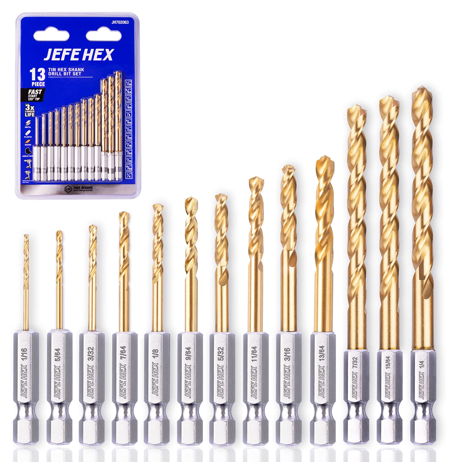 JEFE HEX 13-Piece Hex Shank Twist Drill Bit Set, 1/16",5/64",3/32",7/64",1/8",9/64",5/32",11/64",3/16",13/64",7/32",15/64",1/4", Titanium High Speed Steel, 135-Degree Easy Cut Split Point Design, Drill Bit Set for Steel, Copper, Aluminum, Zinc Alloy, Wood, Plastics, 1/16"-1/4": T