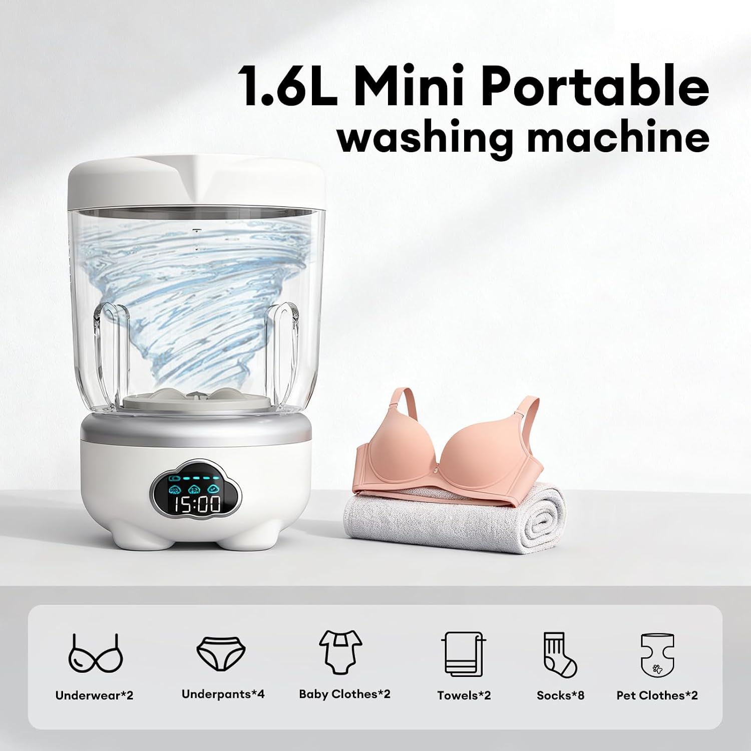 Mini Washing Machine 2025 Portable, 1.6L Compact Washer with 3000mAh Rechargeable Battery – Cordless Portable Small Washing Machine for Underwear, Baby Clothes, Socks,Ideal for Travel,Dorm,RV,Camping