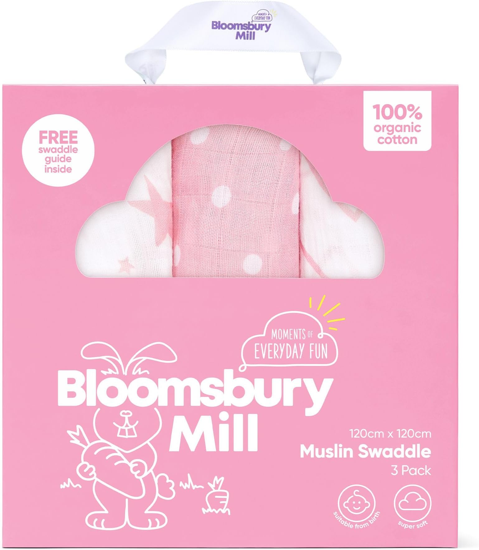 Baby Swaddle Blanket - Soft 100% Organic Cotton Swaddles for Newborn - Large Muslin Cloths for Baby Girls - Pack of 3 - Baby Essentials for Newborn - Pink & White - 120x120cm