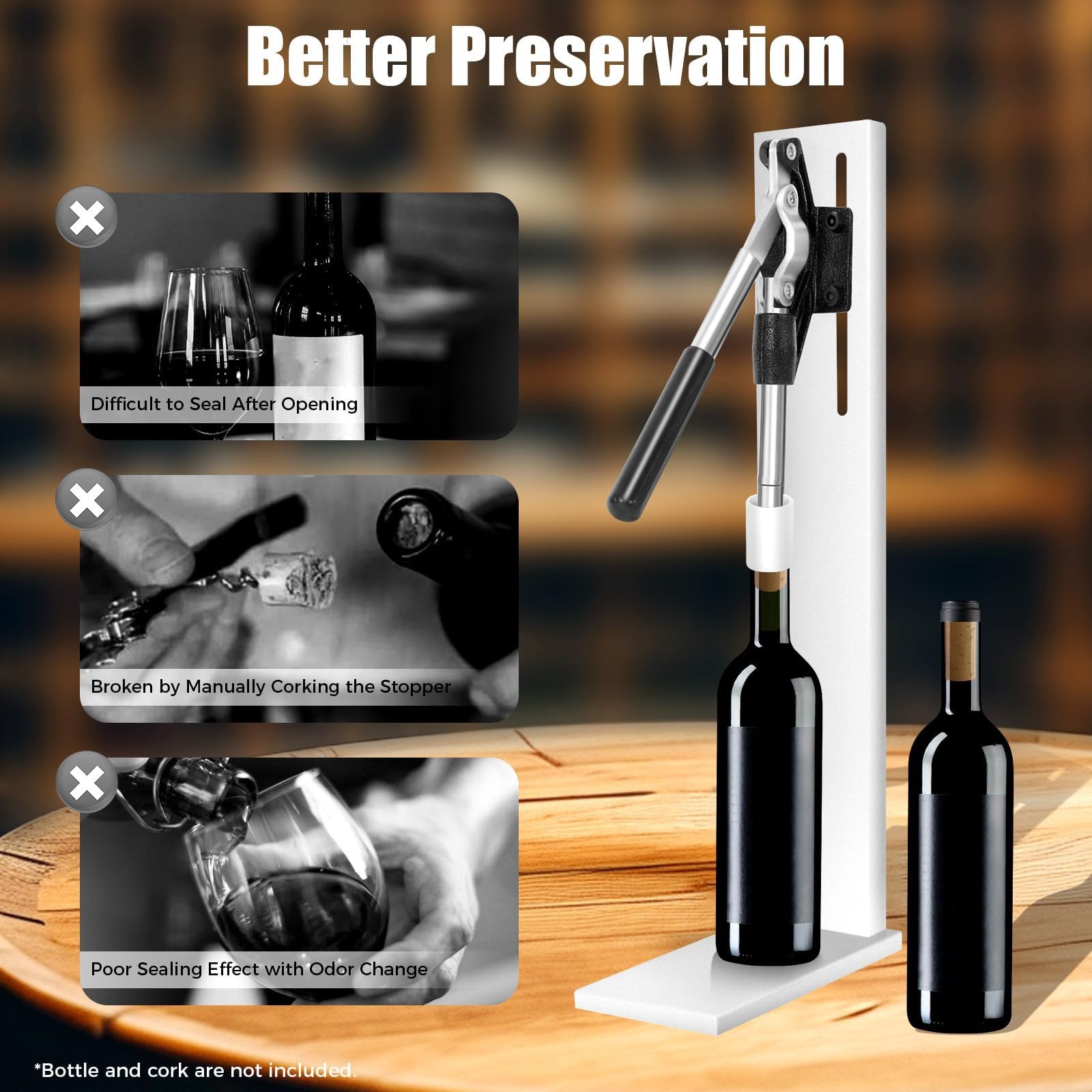 Encorchadora Manual de Botellas de Vino, de Acero Inoxidable, con 2 Cabezales Pom y Mango de Goma, Herramienta para Insertar el tapón, Profundidad Ajustable, para Vino casero