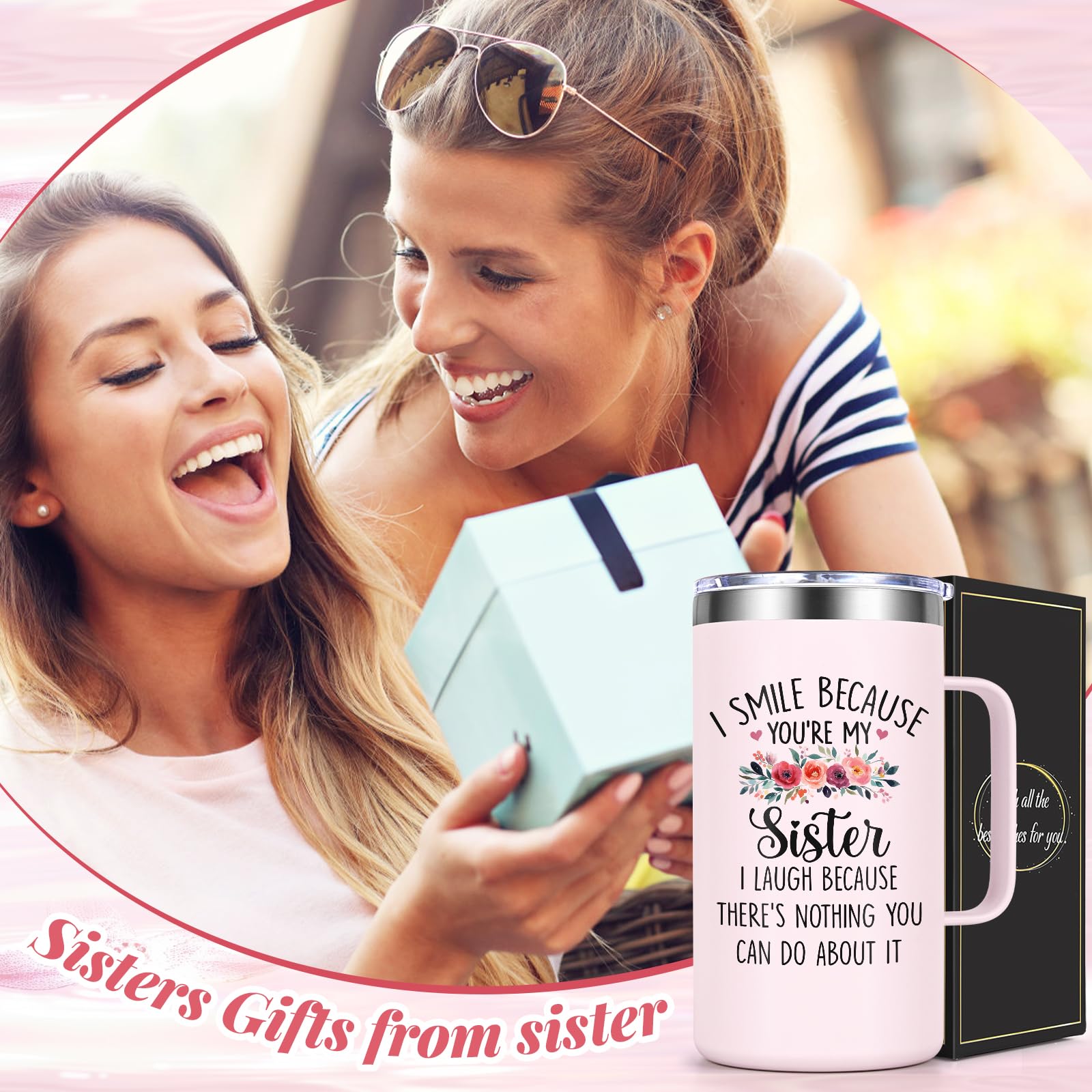 Lifecapido Sister Gifts from Sisters, I Smile Because You’re My Sister 20oz Insulated Coffee Mug with Keychain, Birthday Christmas Mothers Day Gifts for Sisters, Rose Quartz