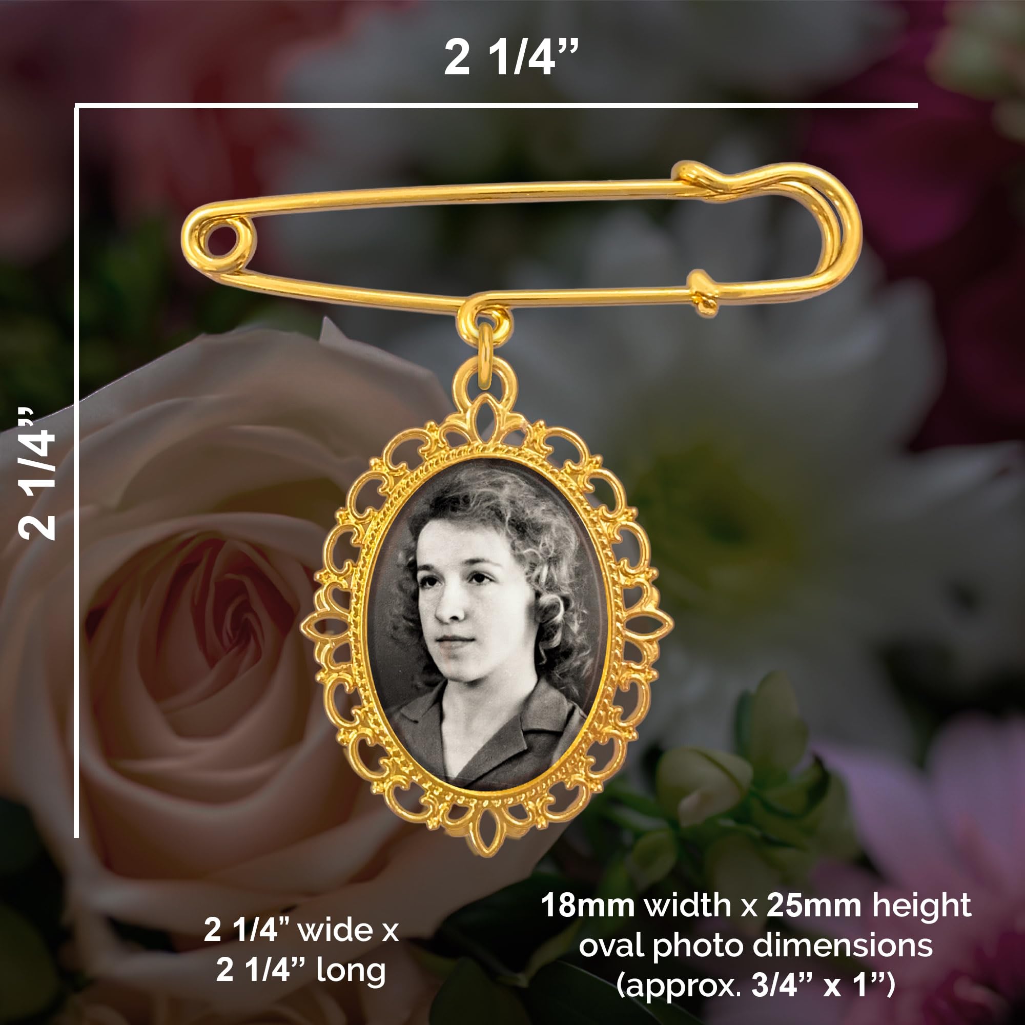 Goldener Hochzeitsstrauß, Foto-Charm-Anstecknadel für Brautstrauß oder Ansteckblumen, Gedenkstätte für Mutter, Vater der Braut oder des Bräutigams, Hochzeitszubehör