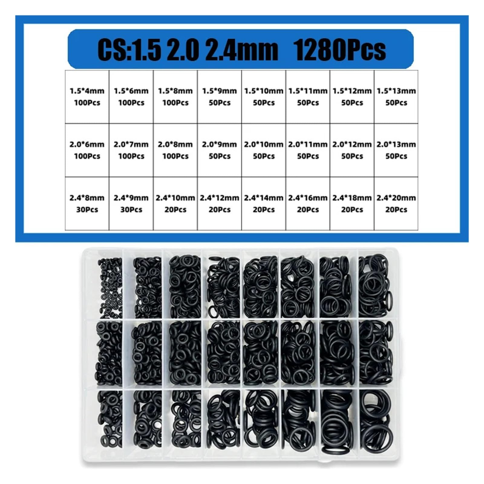 Juego de anillos de goma con junta tipo O CS1.0-3.1mm(1280pcs)