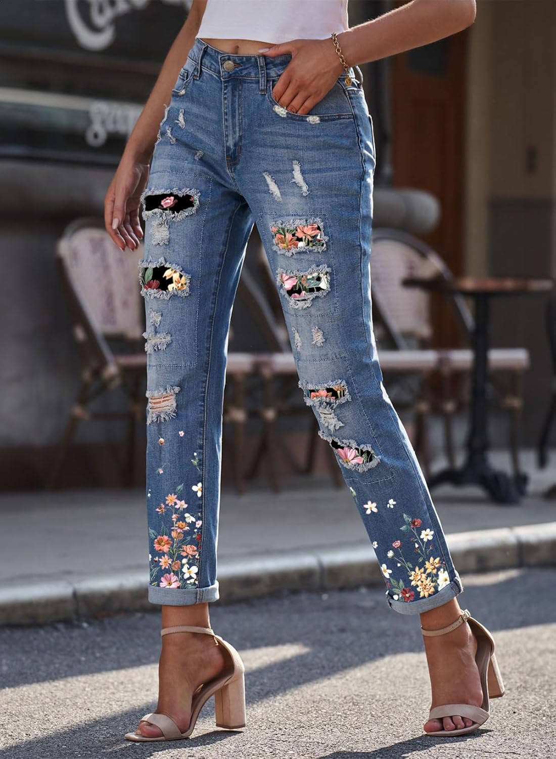 EVALESS Ripped Jeans for Women Plaid Patch Boyfriend Skinny Distressed Denim Jean Pants