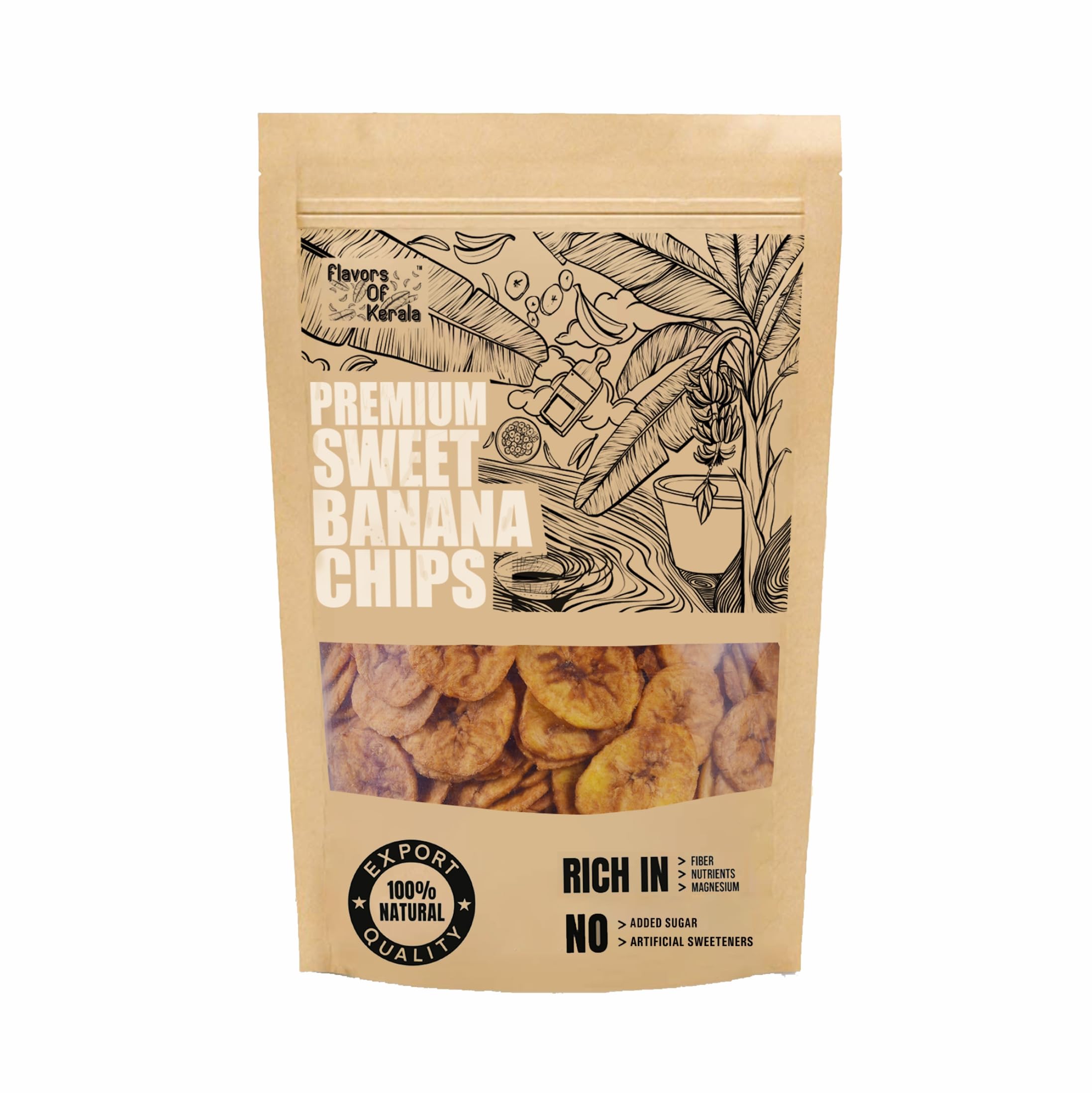 FLAVORS OF KERALA (FOK) Premium Kerala Sweet Banana Chips in Coconut Oil, 400g | No Added Sugar or Sweeteners | Naturally Sweet Fasting Friendly Banana Chips