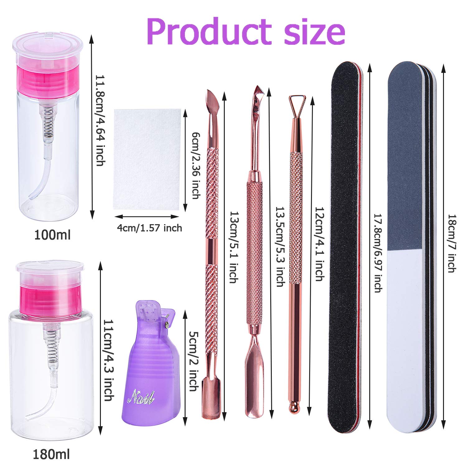 URATOT Nail Polish Remover Tools Set, 2 Bottle, 3 Rose Gold Triangle Cuticle Pusher Cutter Set, 500 Nail Polish Remover Cotton Pads 10 Nail Caps, 2 Nail File for Nail Arts