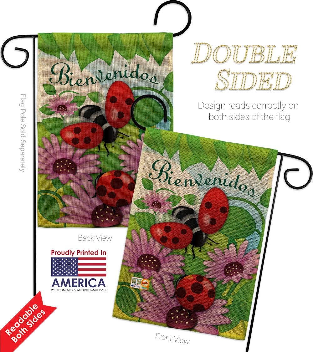 Bienvenidos Tortolitas Burlap Garden Flag Set Mailbox Hanger Friends Butterfly Ladybugs Dragonfly Bee Springtime Insect Natural Wildlife Small Gift Yard House Banner Double-Sided Made In USA 13 X 18.5