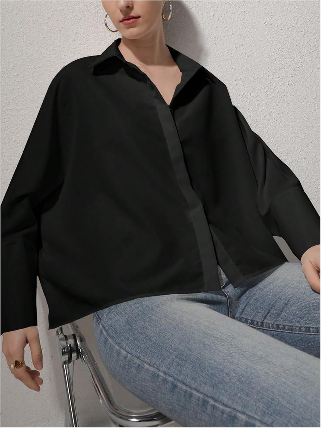 GORGLITTER Women's Button Down Shirts Bell Long Sleeve Top Oversized Collar Work Casual Dressy Dress Blouses Tops