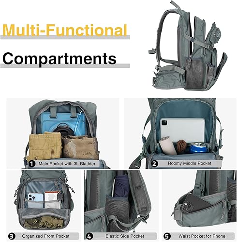 Vista 5 de CVLIFE Mochila táctica de hidratación con vejiga de agua de TPU de 3 L, mochila de senderismo de 22 L para hombres y mujeres, mochila de agua Molle