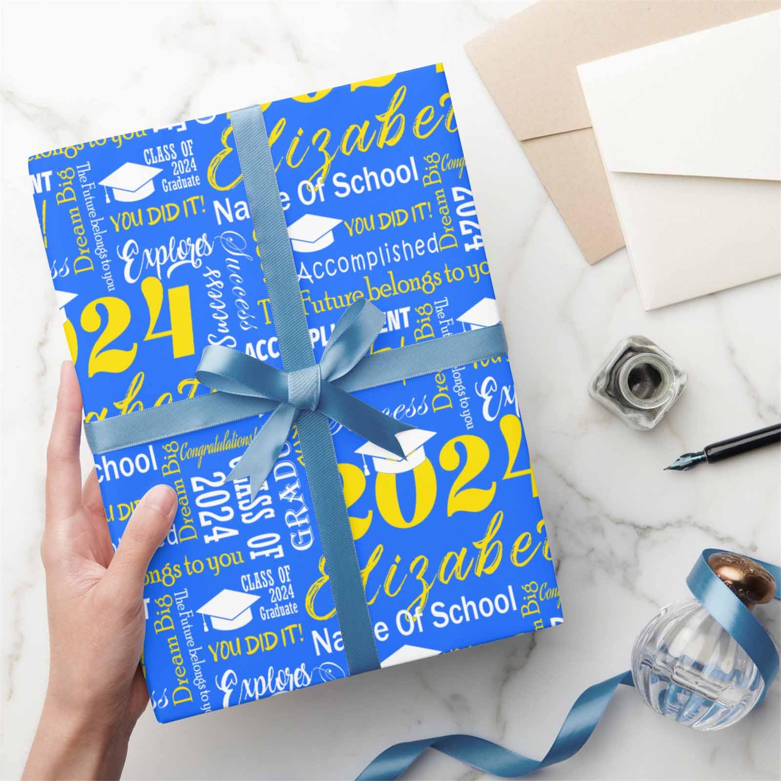 Graduation Wrapping 2025 Paper | Blue & Gold With Mortarboard Caps - 6 ...