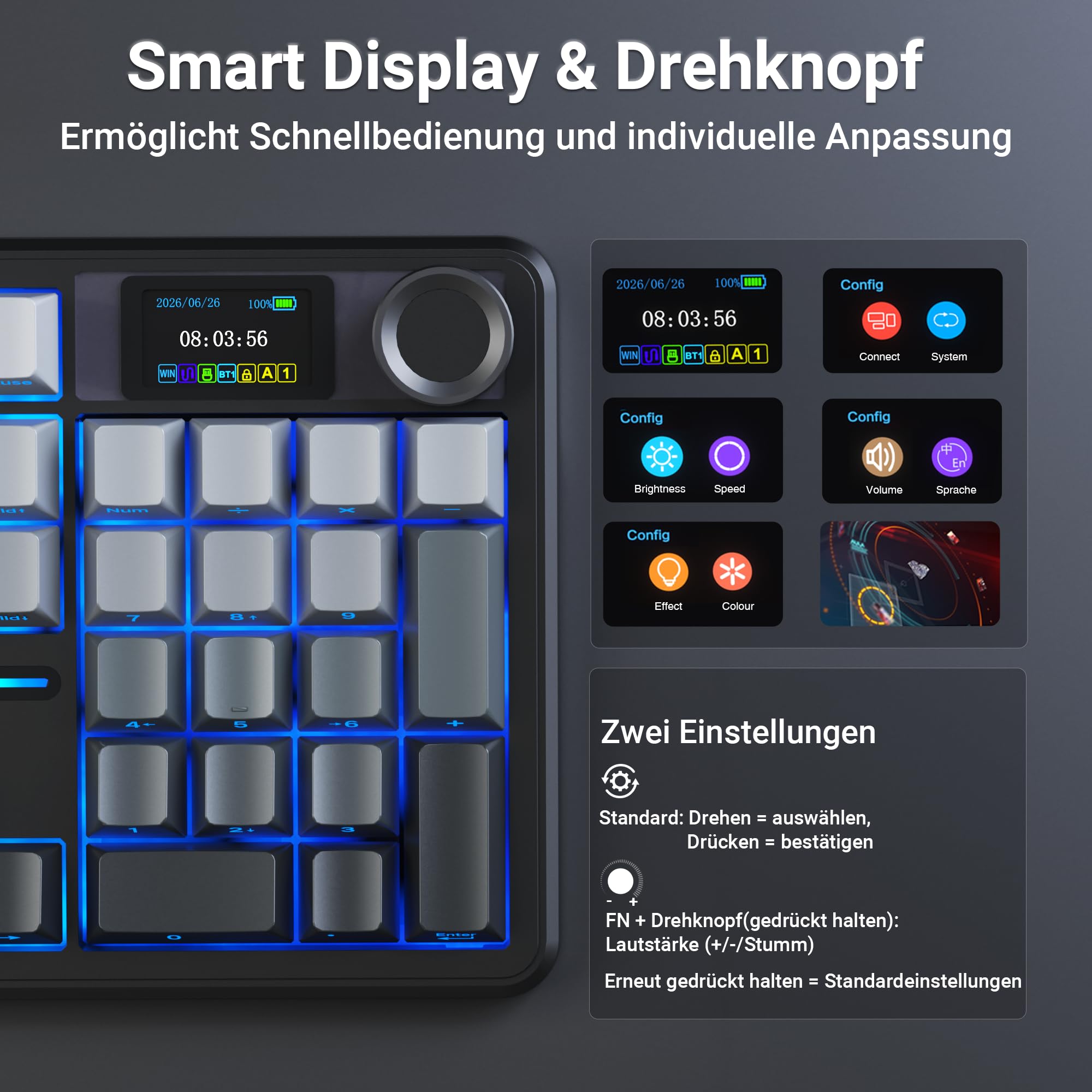AULA F108 Pro Mechanische Tastatur QWERTZ,3-Modus(Kabel/2,4G/Bluetooth),Gasket-Struktur,Hot-Swap-fähig,LCD-Display & Drehknopf,RGB,8000mAh,100% deutsches Vollformat-für PC,Mac&Tablet (Grau)