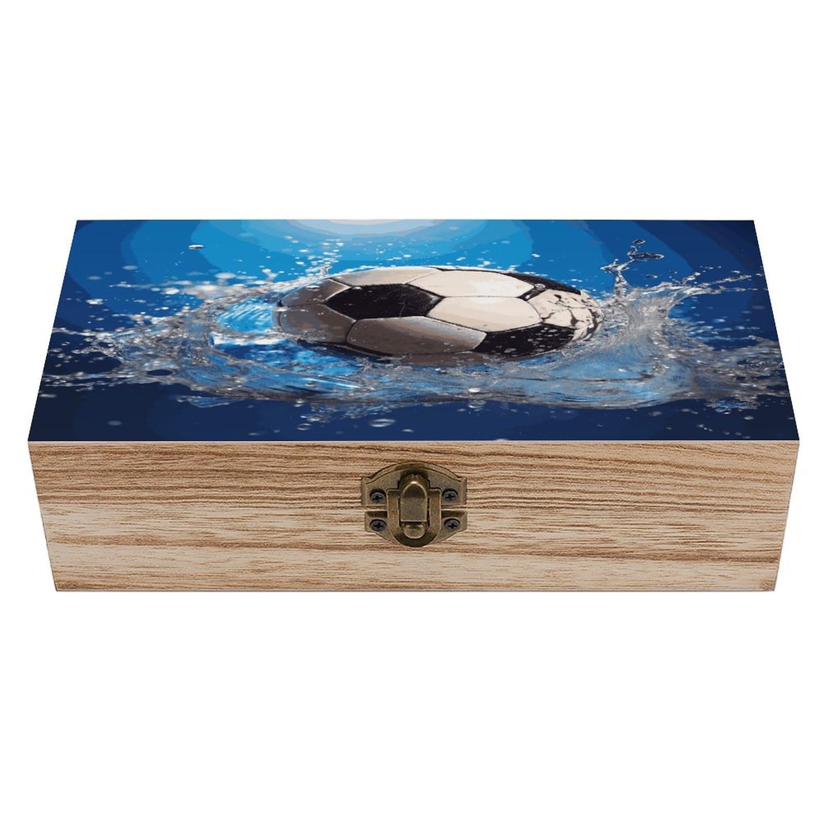 FekiLoot Natural Wooden Keepsake Box with Hinged Lid, 8x4 Inch Soccer Ball Water Memory Box, Wood Jewelry Organizer & Trinket Holder, Gift for Men Women Anniversary Wedding