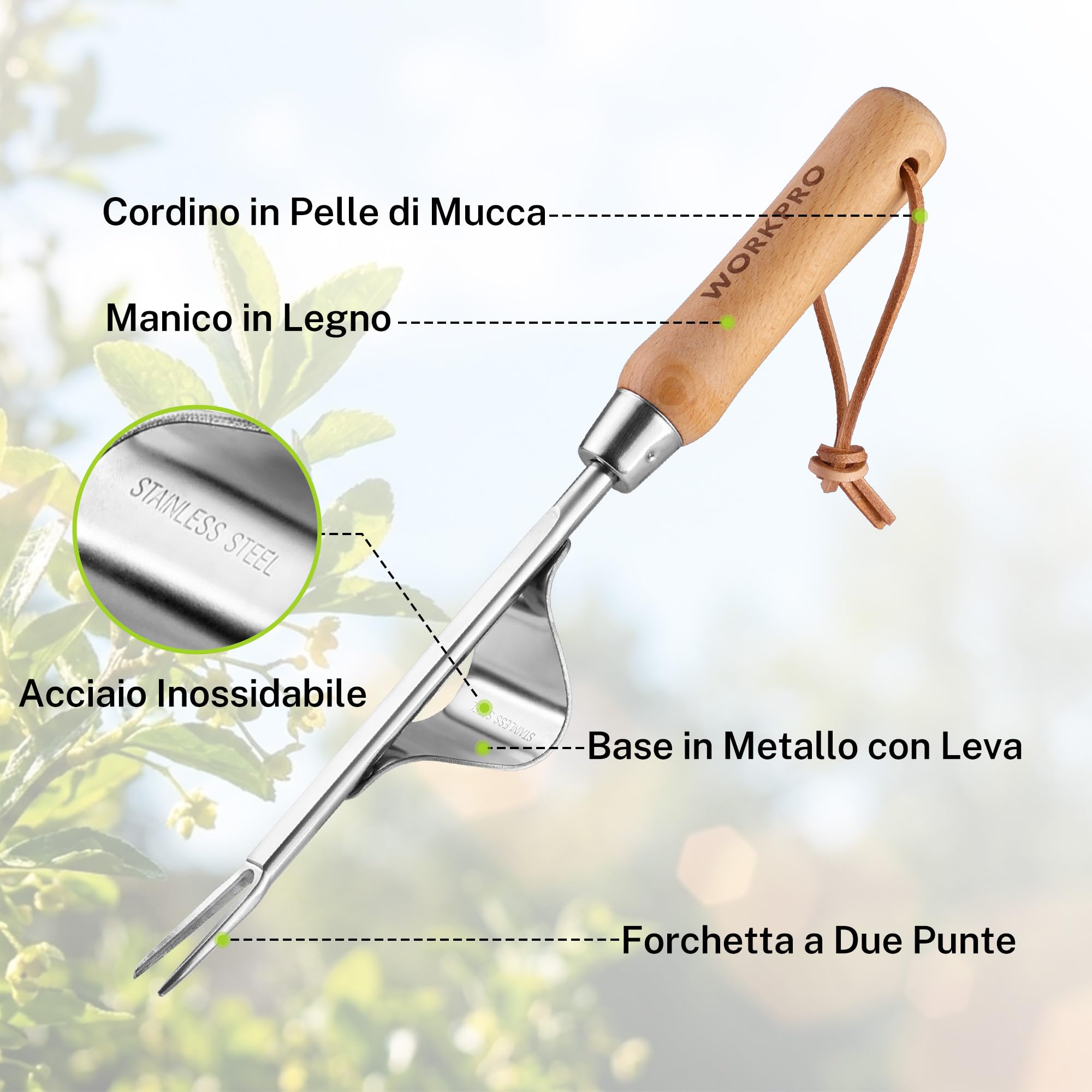 WORKPRO Estirpatore Erbacce Manuale in Acciaio Inossidabile e Legno di Faggio con Punta Vaffilata e Azione di Leva, Strumento Efficiente per Estirpare Erbacce, Utile Attrezzo da Giardino