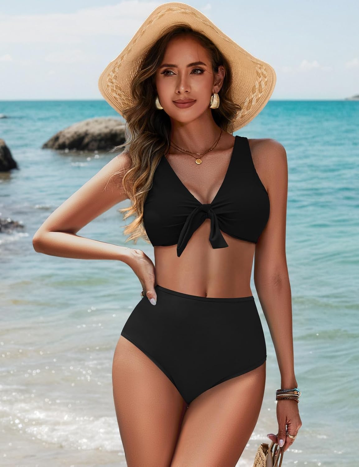 Womens High Waisted Bikini Set Knot Front Two Piece Swimsuit V Neck Bathing Suit Swimwear - Image 2