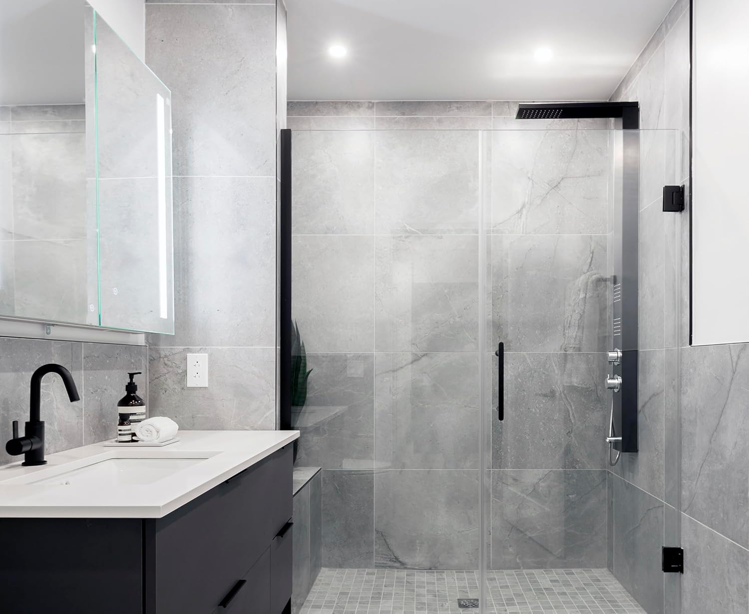 Sasha 59" Rainfall Bodyspray Shower Panel with Handheld Shower Wand and Thermostatic Valve, Matte Black