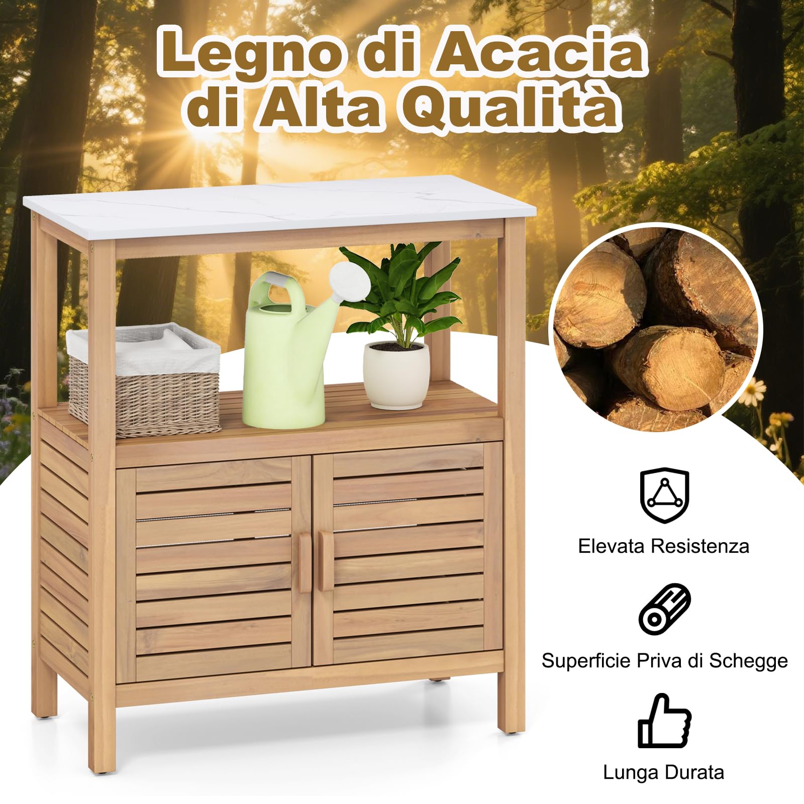 COSTWAY Armadio da Esterno Impermeabile in Legno di Acacia, Mobile Esterno Balcone con Piano di Lavoro in Resina, 2 Ante Persiana e Ripiano Aperto, per Piante e Attrezzi, Naturale, 80 x 40 x 90,5 cm