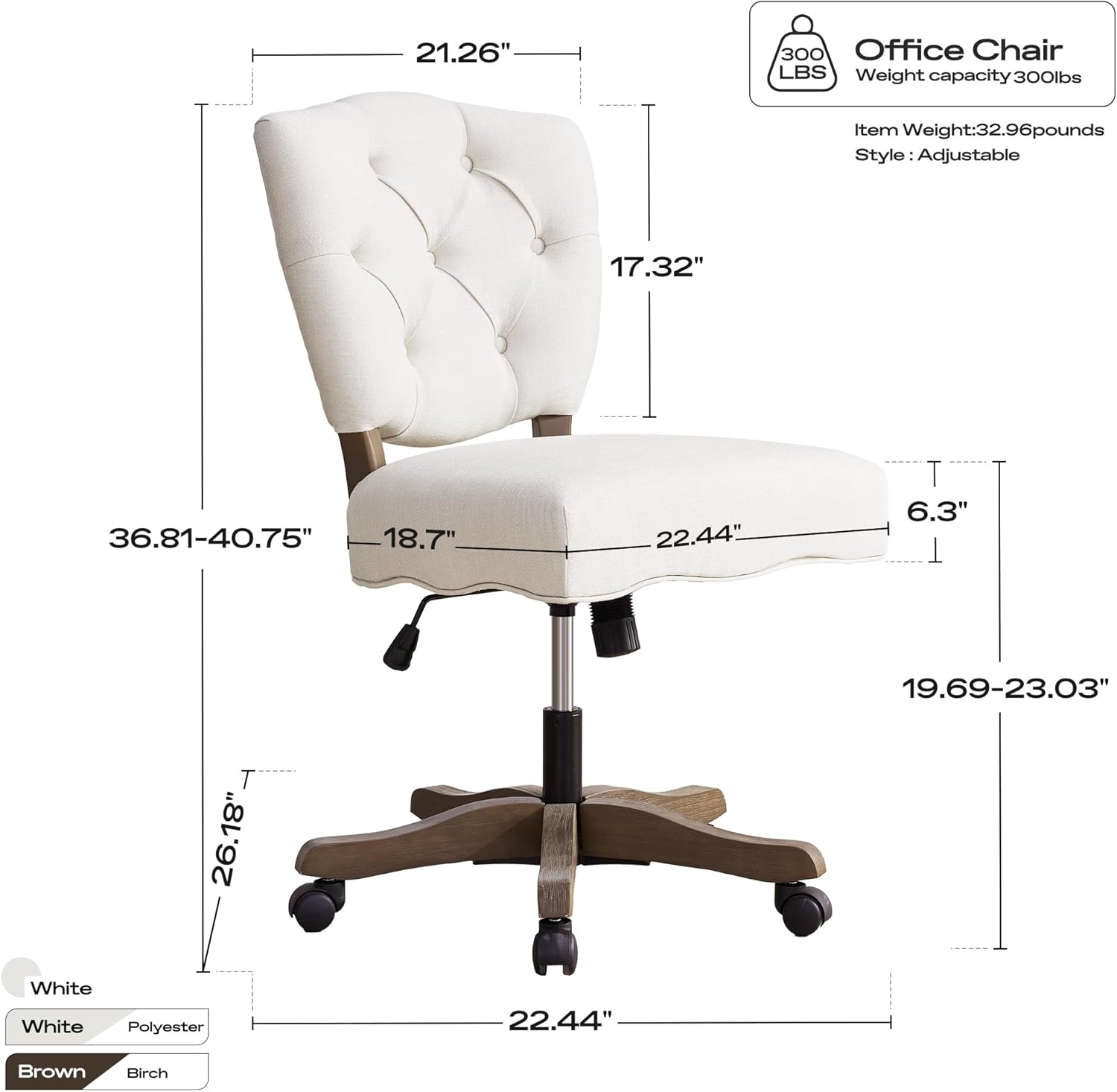 HUIMO Upholstered Swivel Desk Chair Chenille Tufted Fabric Home Office Chair with Wheels Adjustable Height Classic Task Chair with Wooden Legs Comfortable Armless Chair for Studio Study (Beige)