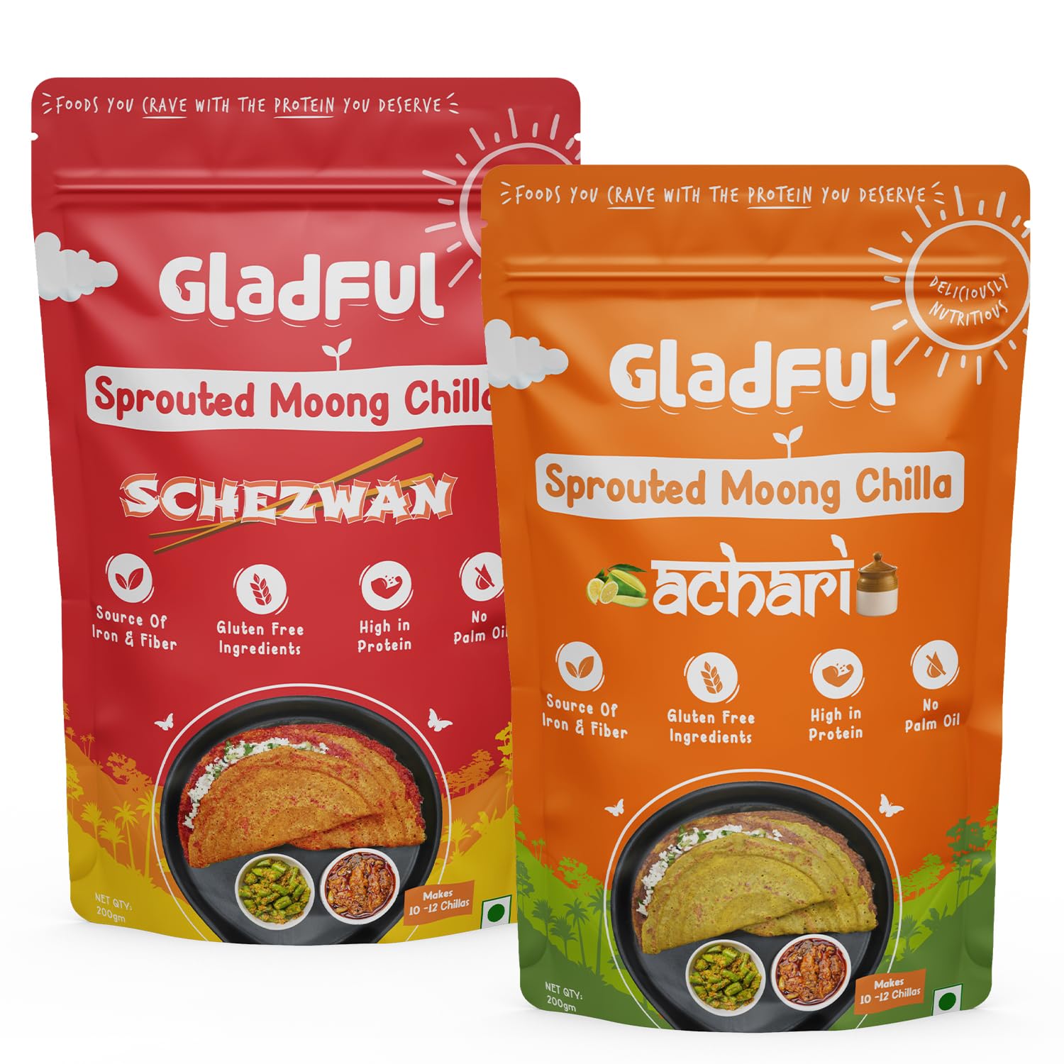 Gladful Combo Chilla Mix - Low GI, Diabetes-Friendly & Gluten-Free - No Maida, Palm Oil & Trans-Fat - Vegan & High-Protein Chilla/Dosa Mix - Achari/Schezwan - Pack of 2 (200g each)