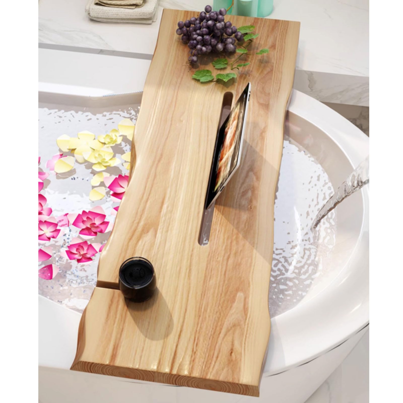 Premium -Badewanne Caddy Massive Holzbadschale für die Wanne Große Badetischschale Halter für Tablet mit Buch- und Weinglashalter,39.4“Lx7.9 Wx2 H