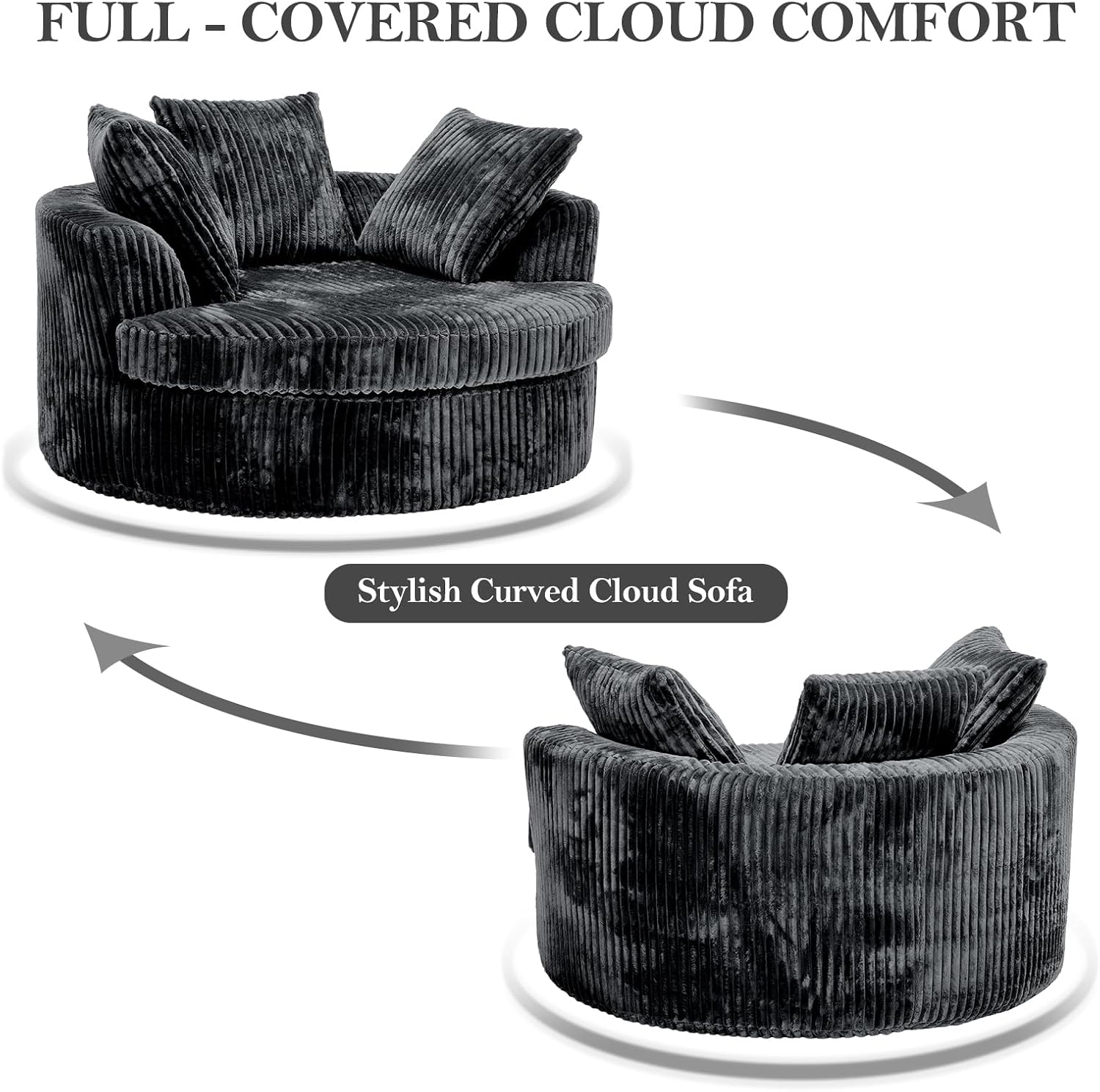 59 Inch Oversized Chaise Lounge Chair Indoor, Round Corduroy Chaise Lounge Sofa Bed with Throw Pillows and Backrest, Plush Sleeper Chair Bed for Living Room Bedroom,No Assembly Required