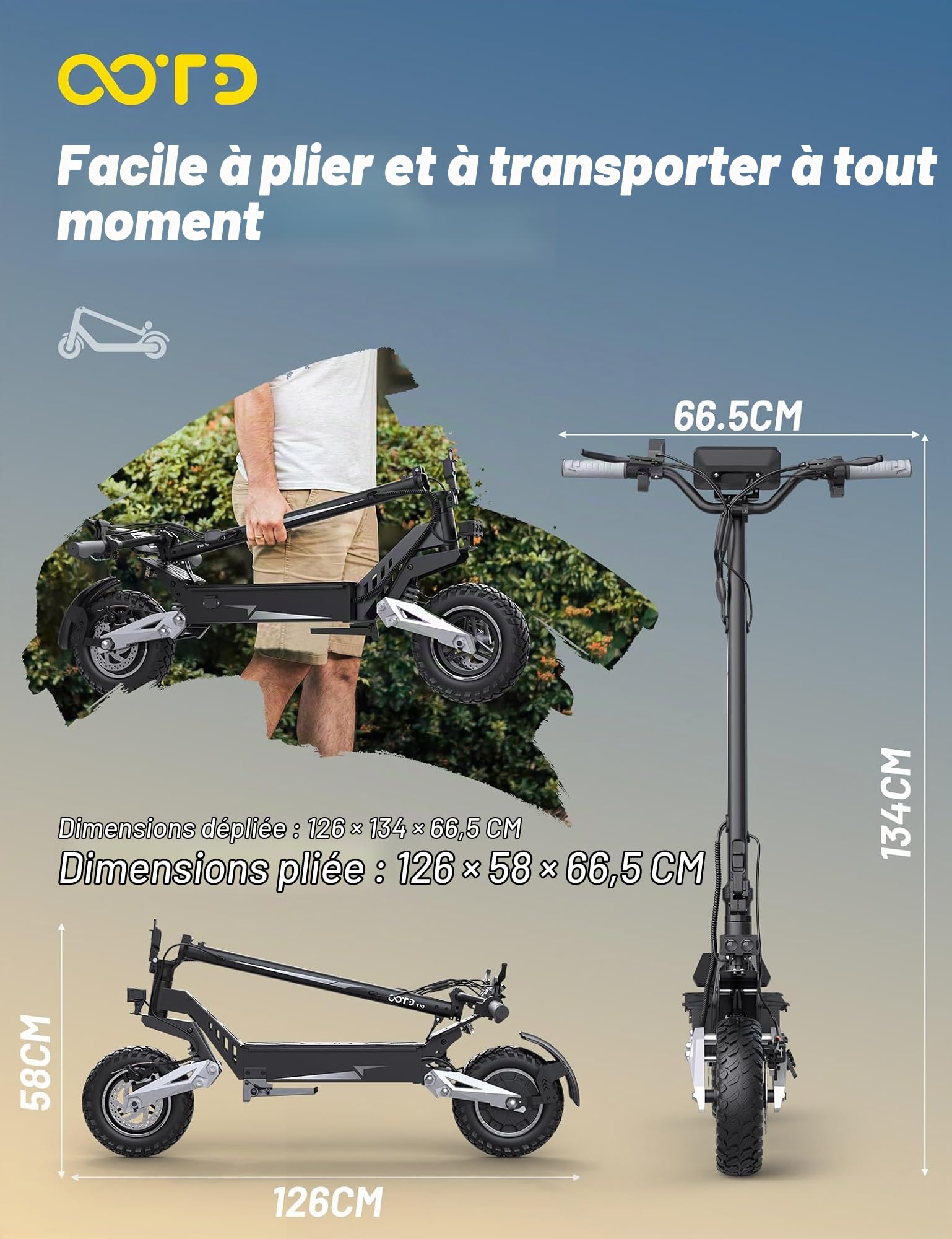 OOTD T10 Trottinette Electrique Adulte, Trotinette Electrique Pliable Max du Moteur 900W et Batterie 648Wh Autonomie 60km, 11 Pouces Tout Terrain Electric Scooter Double Suspension & Écran LCD