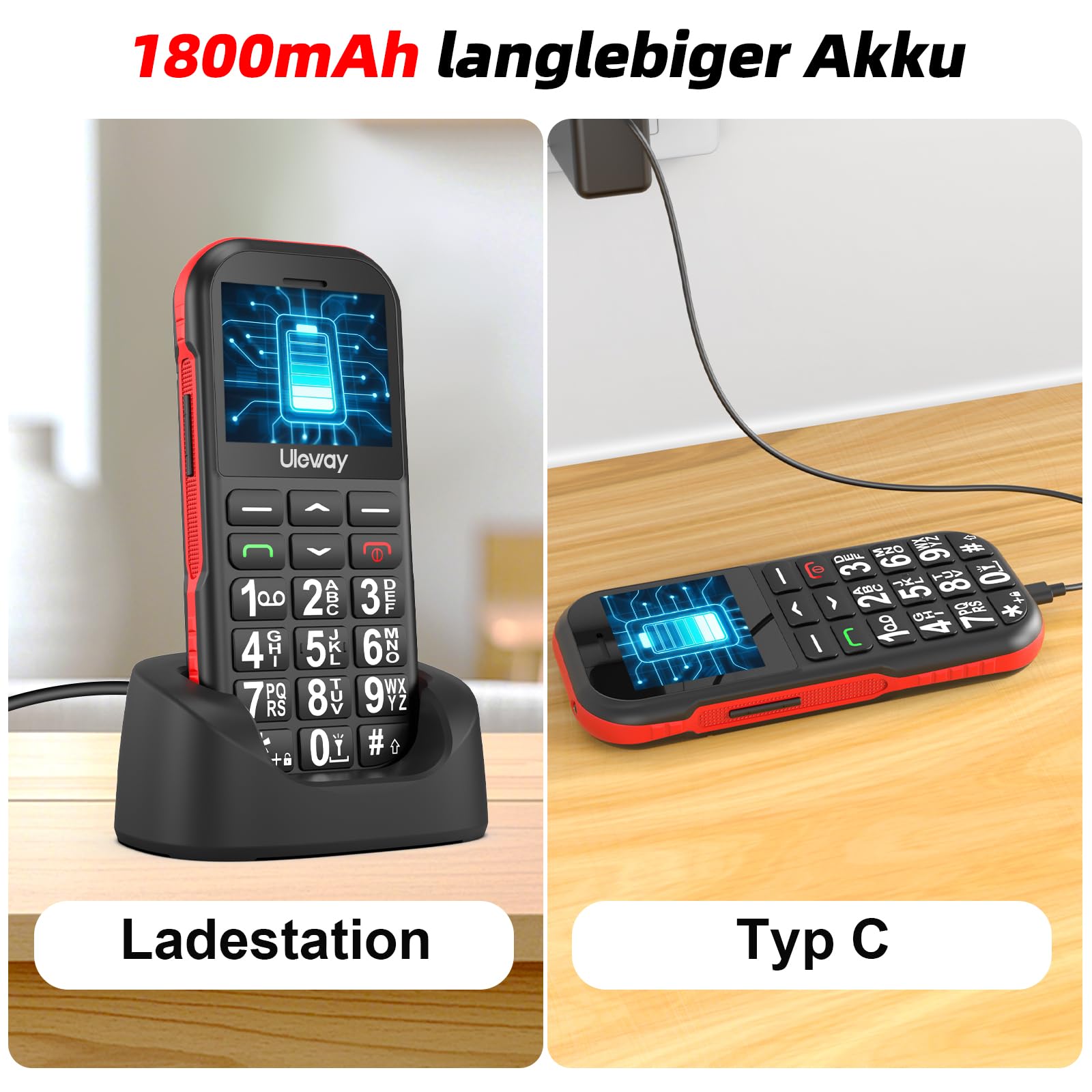 CHAKEYAKE 4G Seniorenhandy Mobiltelefon Ohne Vertrag mit Große Tasten,1800mAh Lange Standby Rentner Senioren Handy Großtastenhandy mit USB-C,SOS-Funktion,Taschenlampe,Ladestation-Schwarz