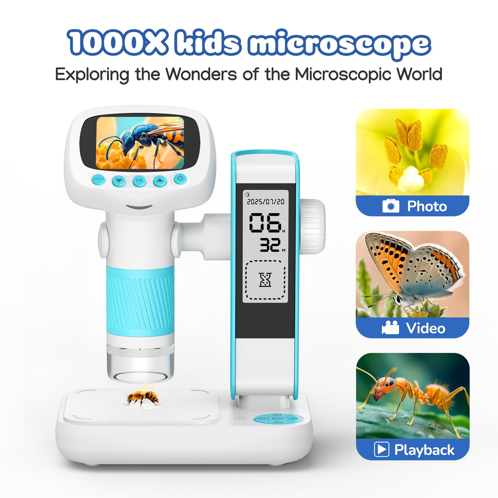 Leipan Microscopio digitale per bambini 2 in 1 con supporto per timer, ingrandimento 1000x, palmare/desktop, schermo IPS da 2", connessione USB PC, 12 vetrine, 8 LED, microscopio educativo da