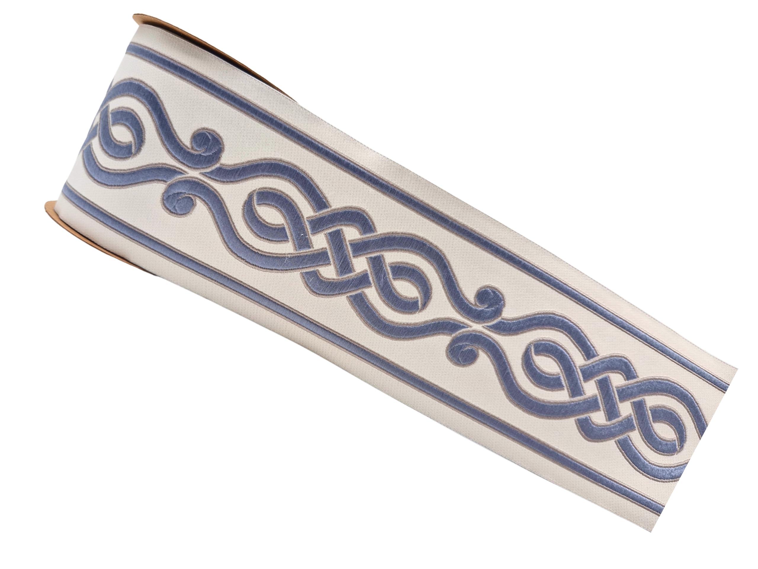 Besticktes Gardinenband, 100 mm, keltisches Muster, ideal für Vorhänge, Tapisserie, Nähen und Dekoration, 3,5 m, puderblau und elfenbeinfarben