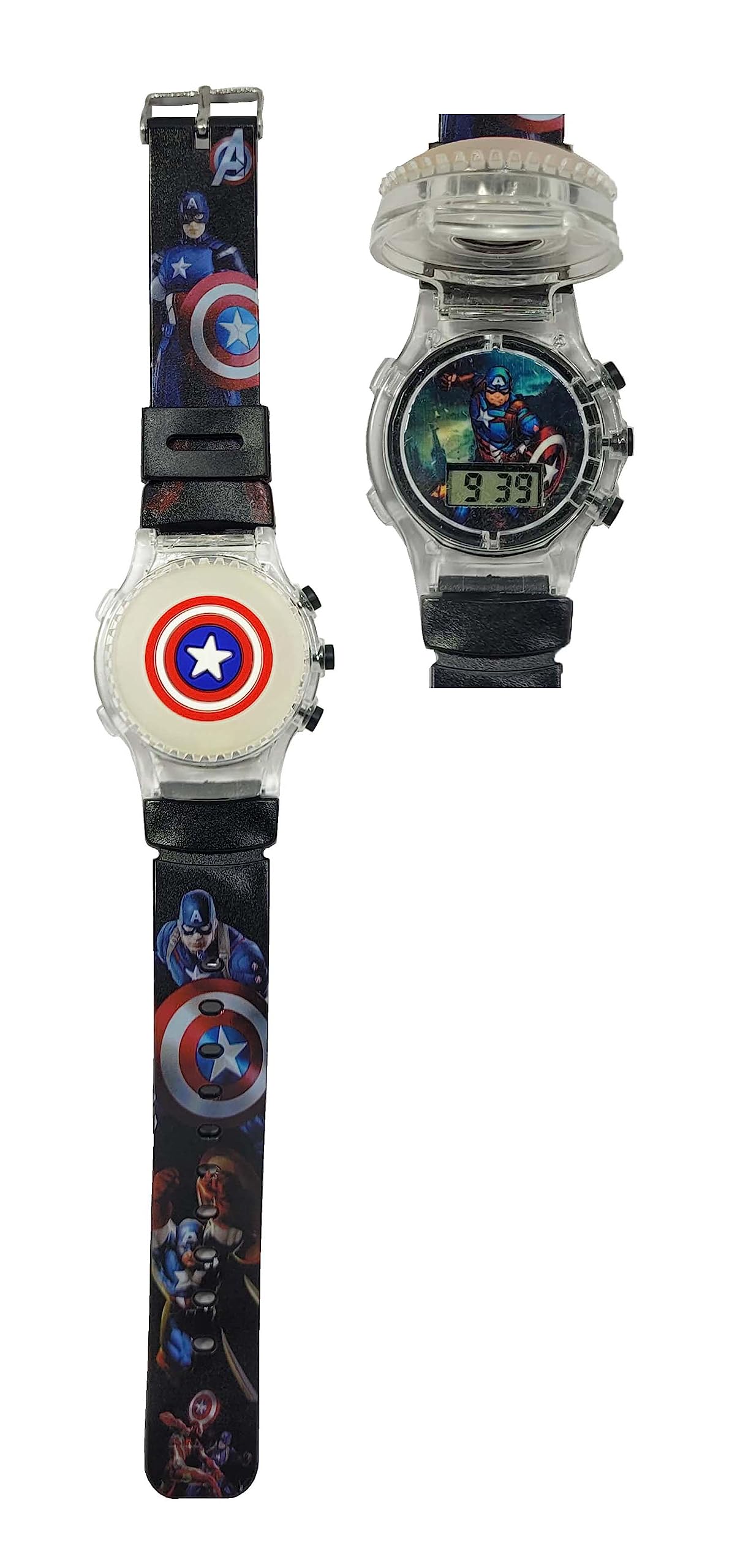 Dreamy Soft Rubber Silicone Light with Spinner Cartoon Cap Cover Digital Watch for Boys and Girls Non Breakable Wrist Watch - Pack of 1 (CaptAmeri Black) (B0C7949W6K) Amazon Price History, Amazon Price Tracker