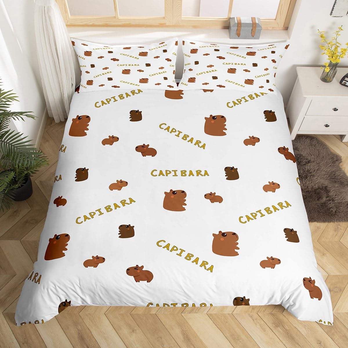 Cartoon Capybara Comforter Cover Twin Size, Brown Zoo Pet Animals Bedding Set Cute Capybara Duvet Cover for Boys Girls Bedroom, Lovely Capybara Birds Singing Bedspread Cover with 1 Pillowcase