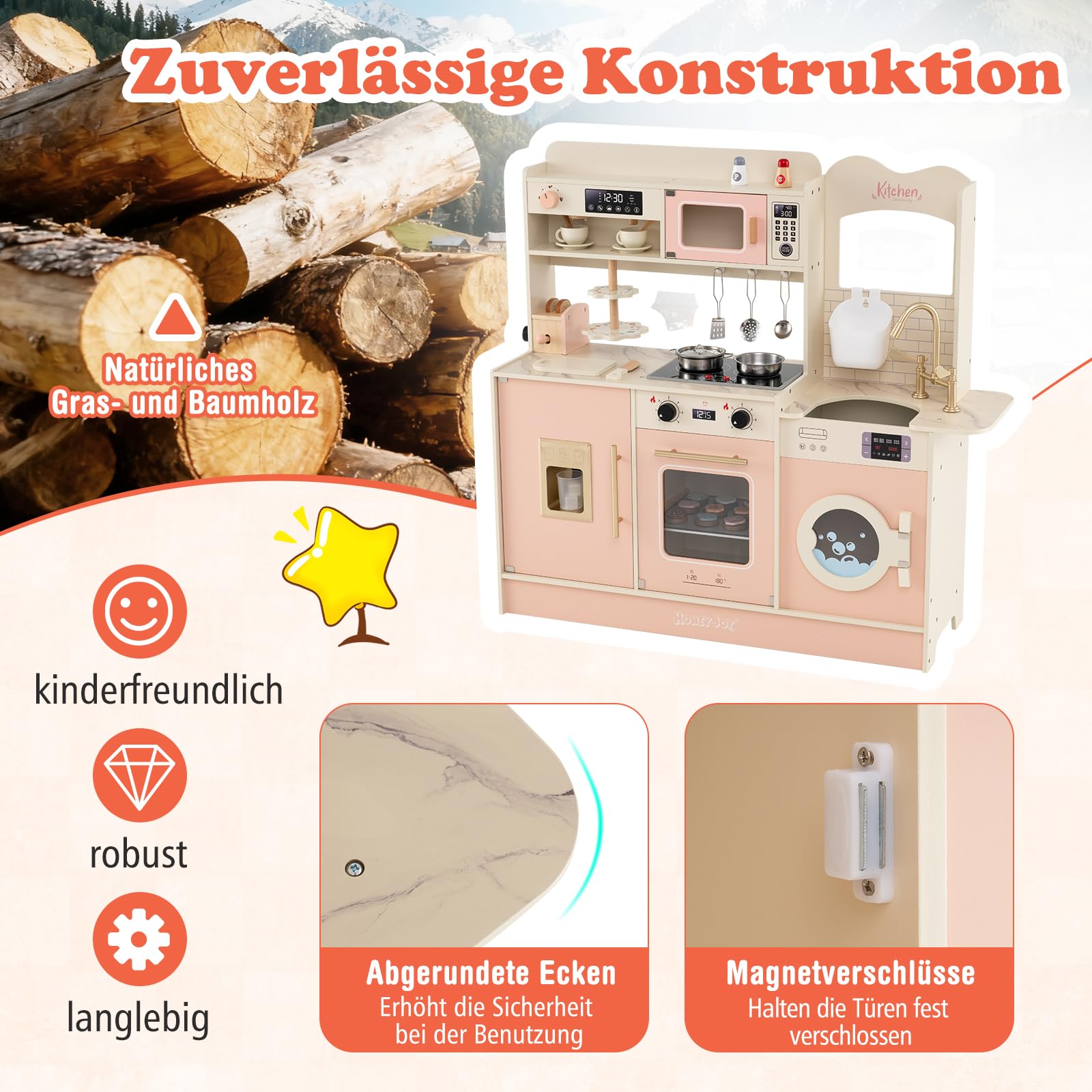 COSTWAY Kuchnia dziecięca, kuchnia do zabawy z 22 akcesoriami, drewniana kuchnia z kuchenką, kranem, kuchenką mikrofalową, ekspresem do kawy, tosterem i dozownikiem lodu, światło i dźwięk, kuchnia