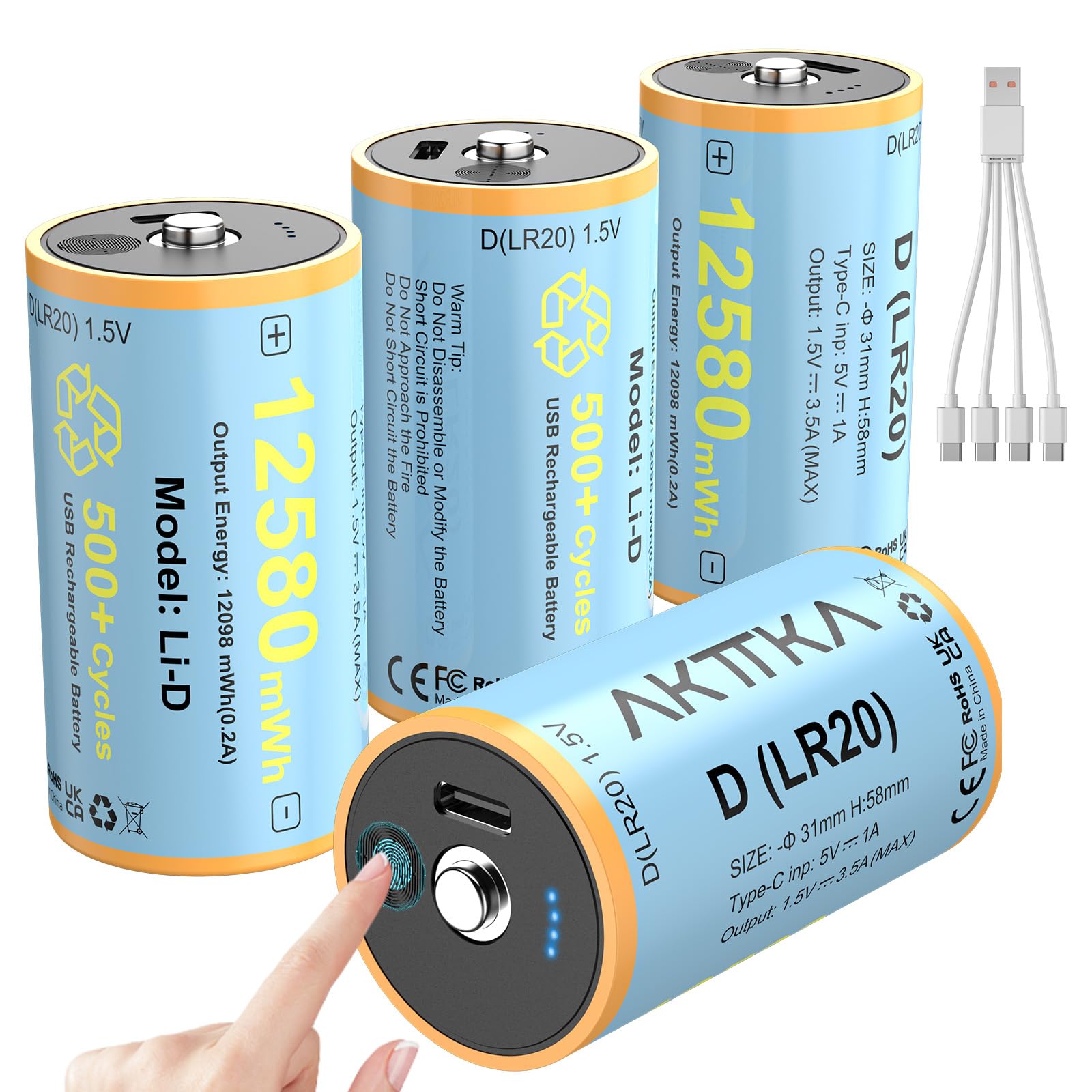 Pack de 4 Pilas Recargables Tipo D LR20 Li-Ion 1,5V 12580 mWh, Carga USB-C Directa 5V/1A, Cable 4 en 1, Pantalla Táctil Nivel Carga, para Linternas, Radios, Camping y Luces Emergencia