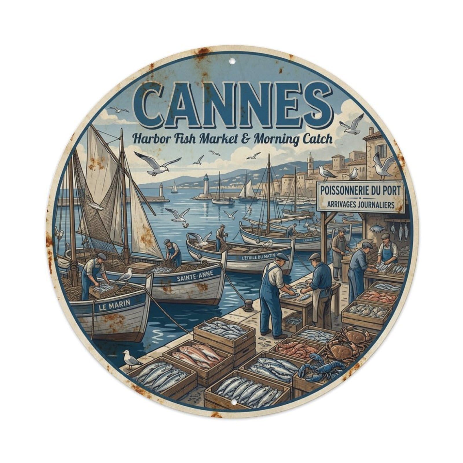 France Cannes Travel Harbor Fish Market Morning Catch Metal Tin Sign
