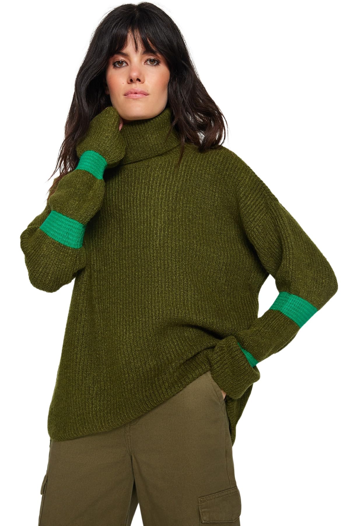 Trendyol FeMan Oversize Basic Turtleneck Knitwear Sweater,Khaki,S