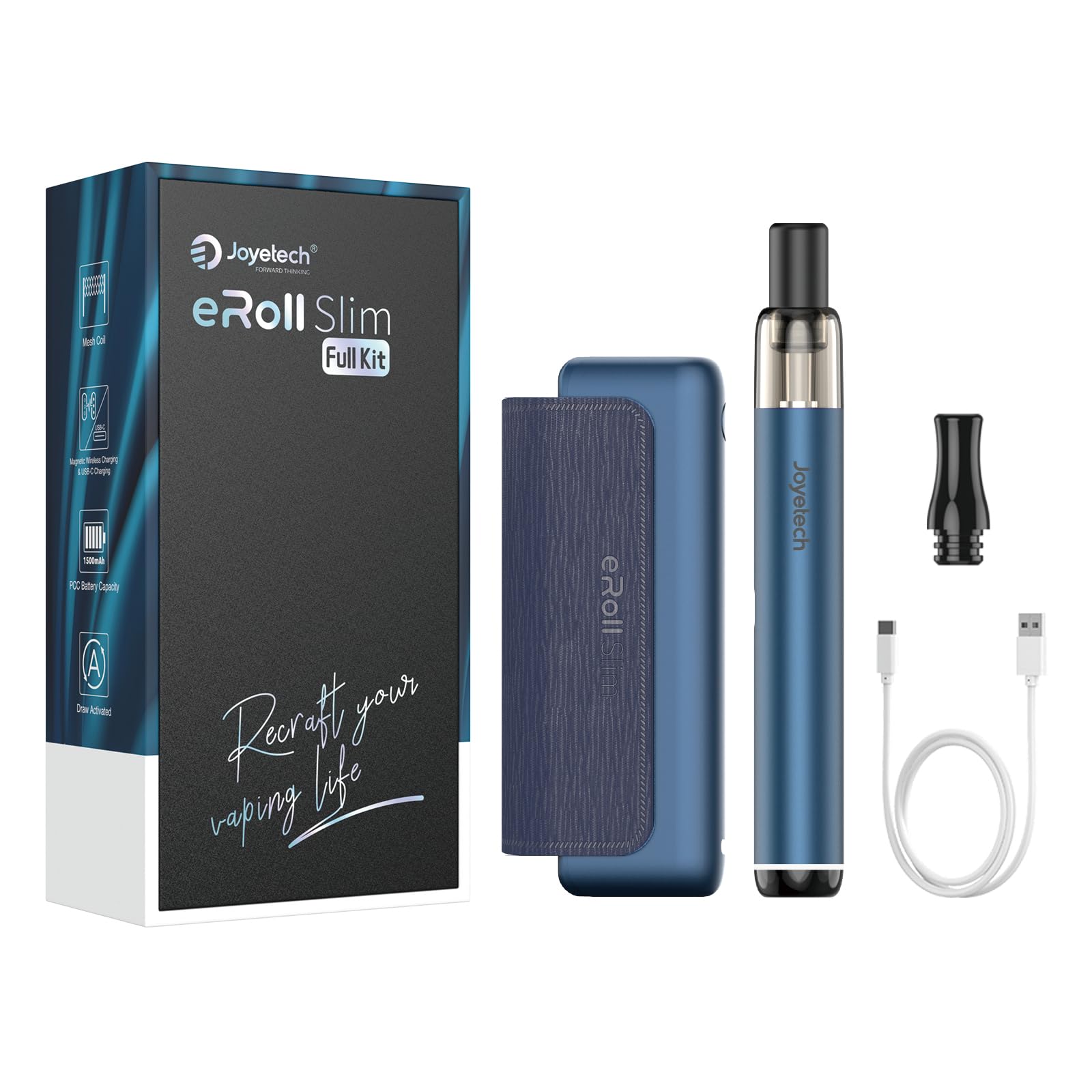 JOYETECH Eroll Slim Vape Kits 1500 mAh + 480 mAh großer Akku 2 ml wiederaufladbares USB-C Wechsel Pod System ohne Nikotin Blau