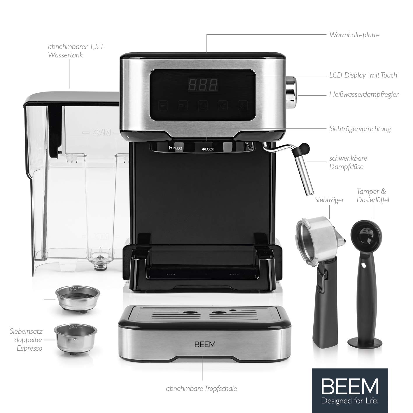 BEEM ESPRESSO-SELECT-TOUCH Espresso Machine in Classic Design, Portafilter  Machine with 15 Bar and Professional Milk Foam Nozzle for Your Coffee