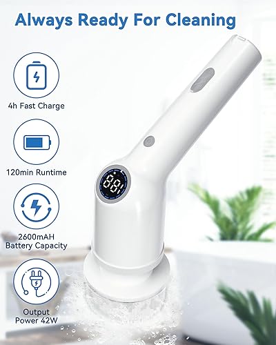 Miniatura 5 de Limpiador eléctrico giratorio para baño, cepillo de limpieza de ducha, limpiador de ducha inalámbrico con 8 cabezales de cepillo reemplazables y