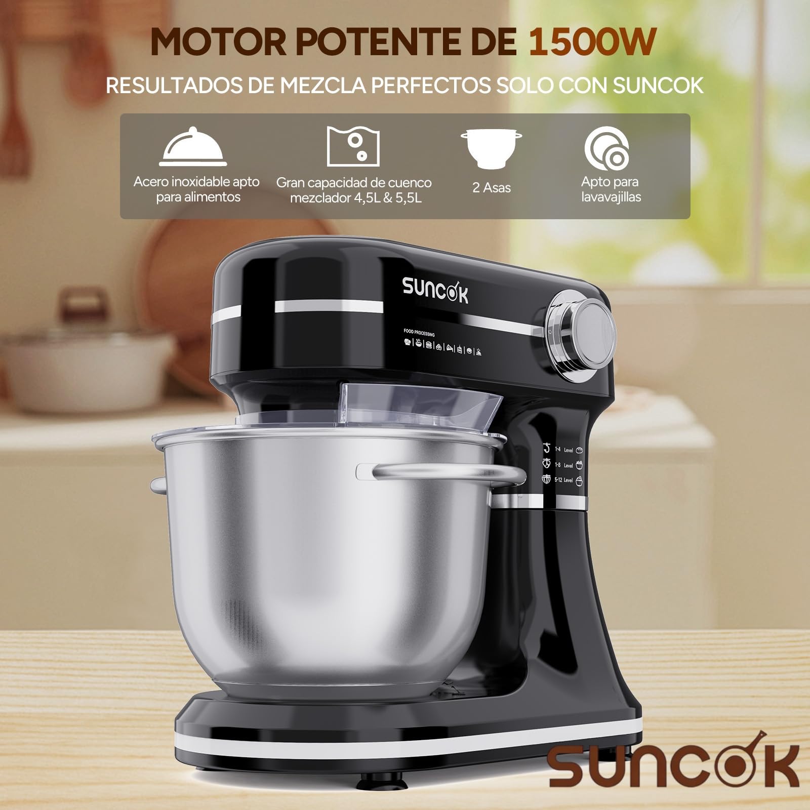 Batidora Amasadora 1500W, 2 Cubetas de Acero Inoxidable (4,5L/5,5L), 12 Velocidades, Fermentación/Calentamiento, Báscula, Temporizador, Bajo Ruido, 3 Accesorios de Mezcla (B03B, B03B-negro)