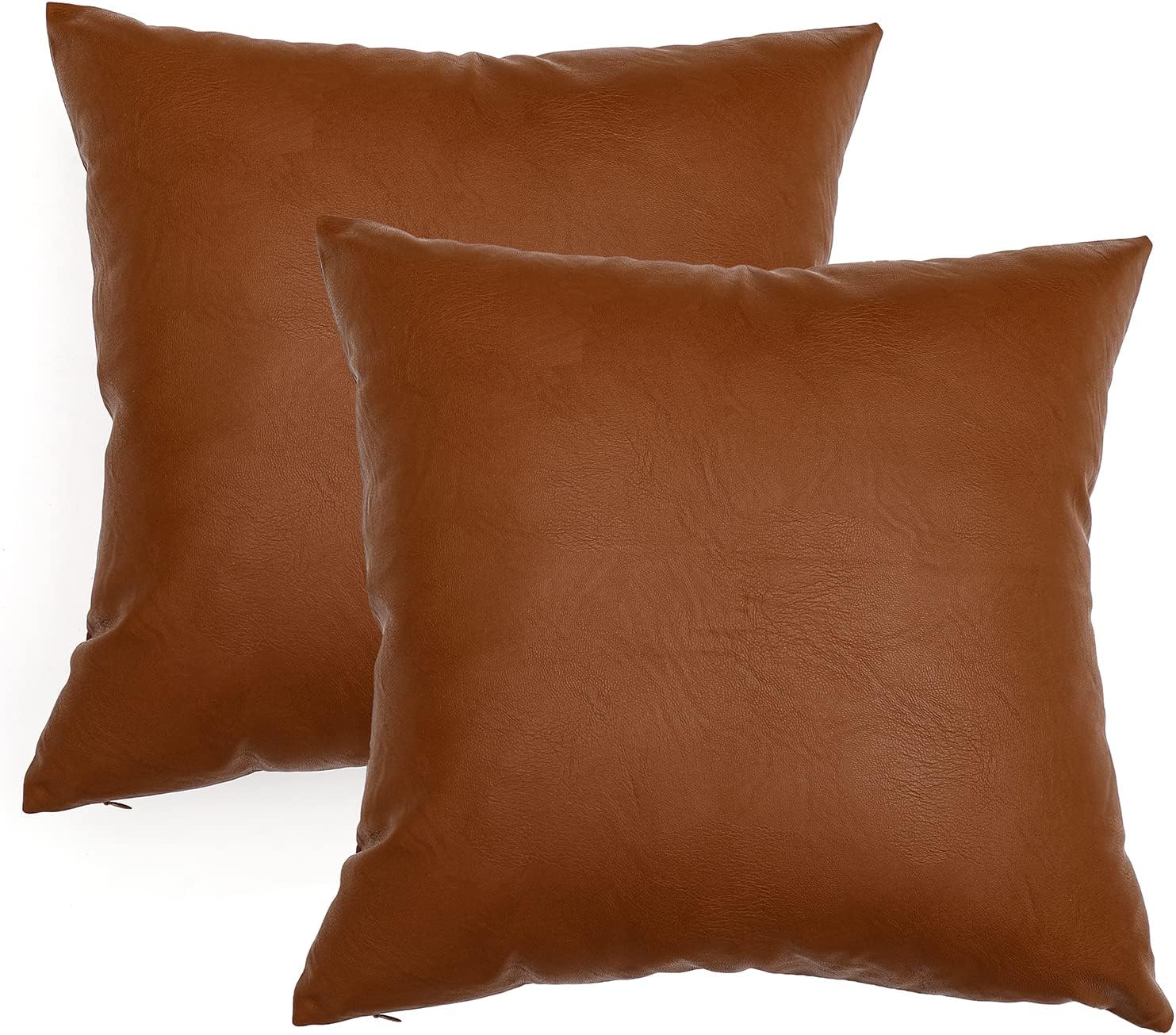 ChrisDowa Set of 2 Faux Leather Throw Pillow Covers, Thick Cognac Modern Solid